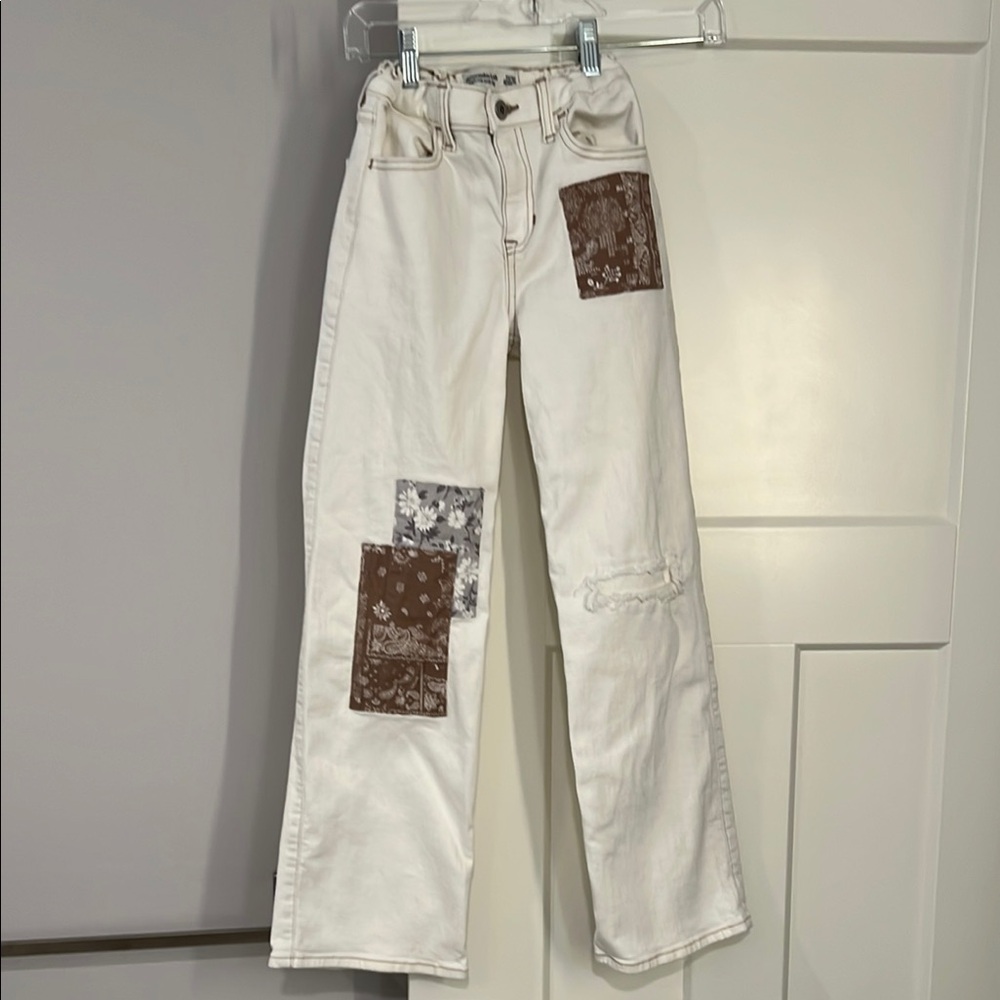 Abercrombie & Fitch Girls Cream Jeans with Brown Patches Size 11-12